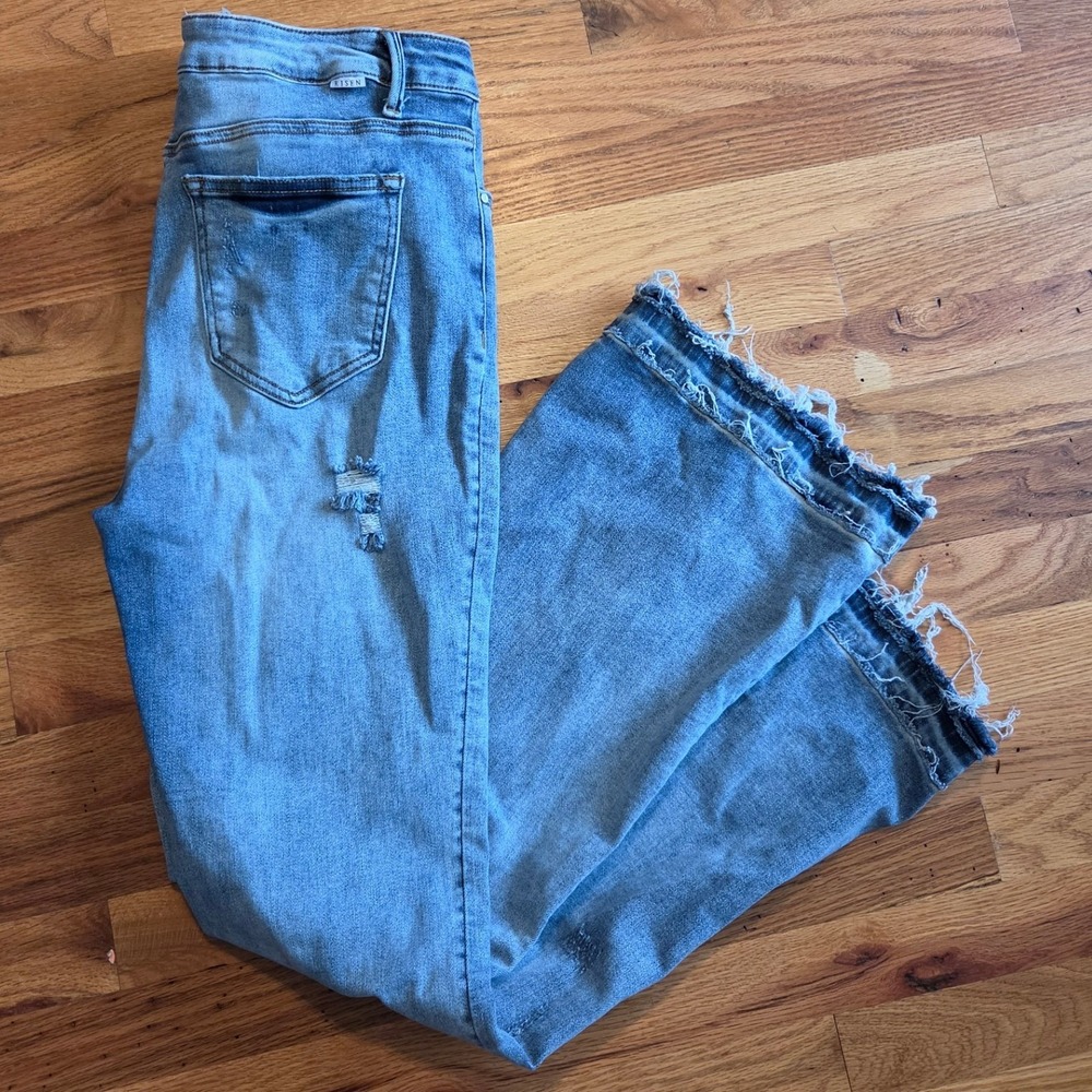 Risen Jeans Womens 15/32 Distressed Flare Raw Hem Light Wash Denim Wide Leg